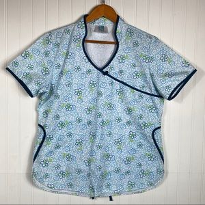 Adar uniforms blue white flower scrub top tie back